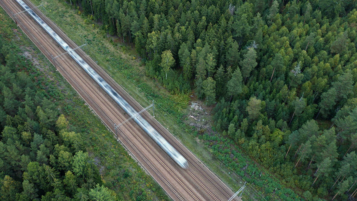 tåg ovanifrån som åker genom skog